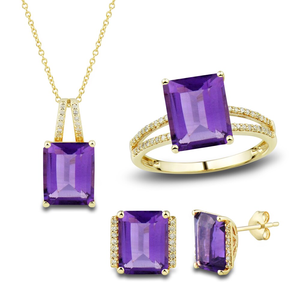 Natural Amethyst Ring, Earring & Necklace Set 1/5 ct tw Diamonds 10K Yellow Gold IViqusr6