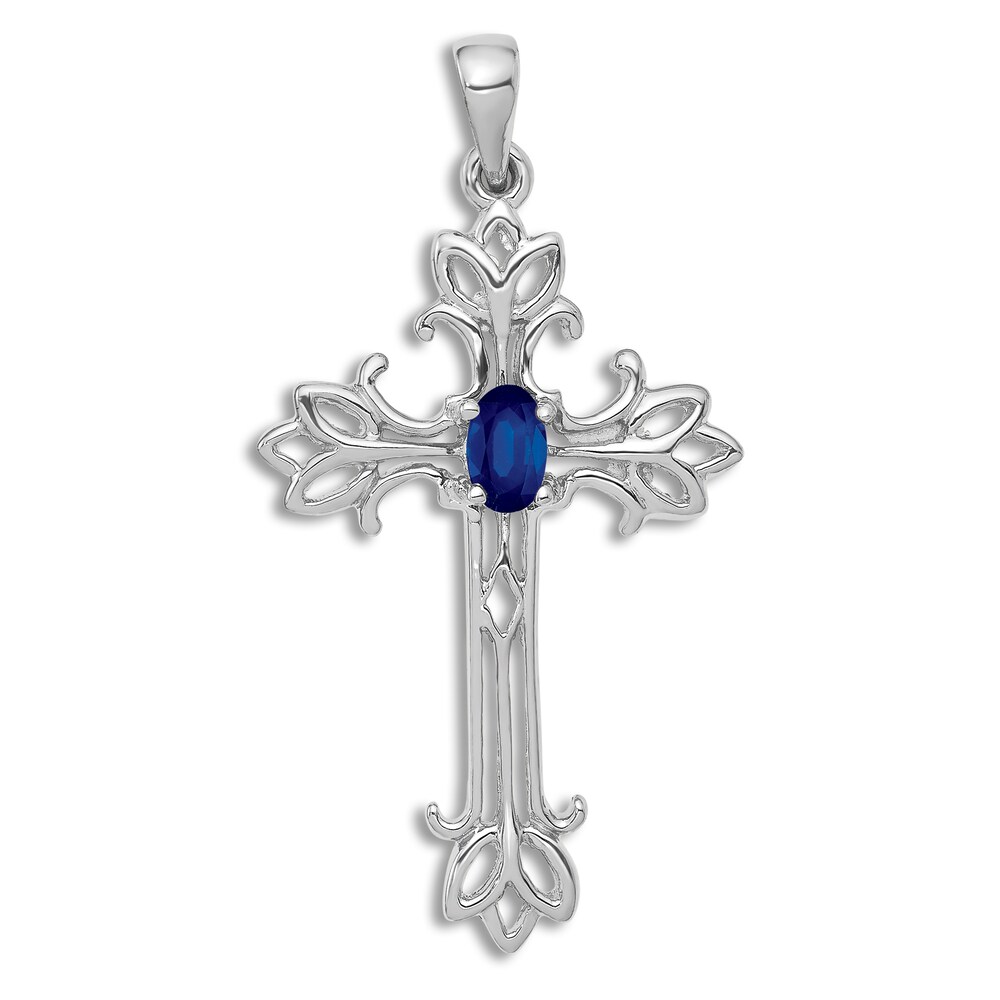 Natural Blue Sapphire Cross Charm 14K White Gold IZCOtvmb