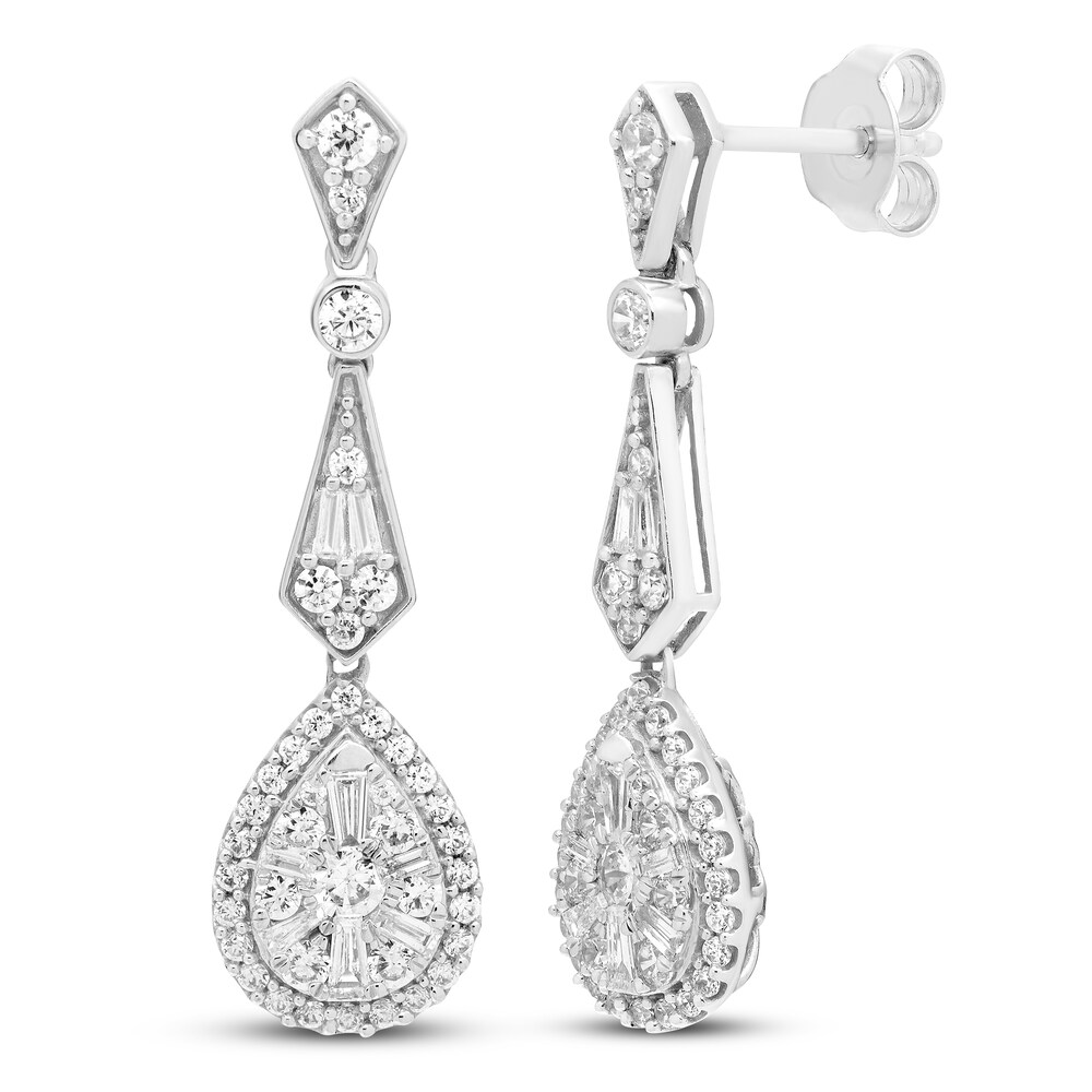 Diamond Drop Earrings 1 ct tw Round/Baguette 14K White Gold J7usd23Y