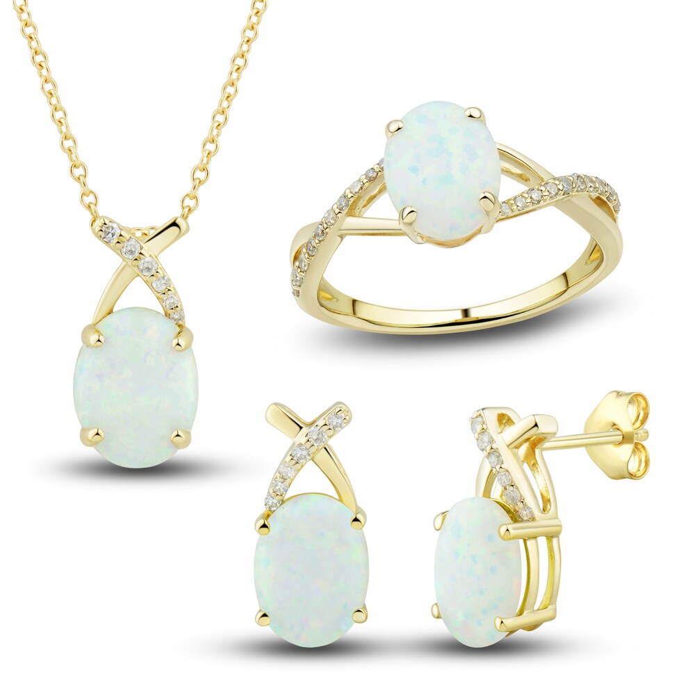 Lab-Created Opal Ring, Earring & Necklace Set 1/5 ct tw Diamonds 10K Yellow Gold Jsg0TokH