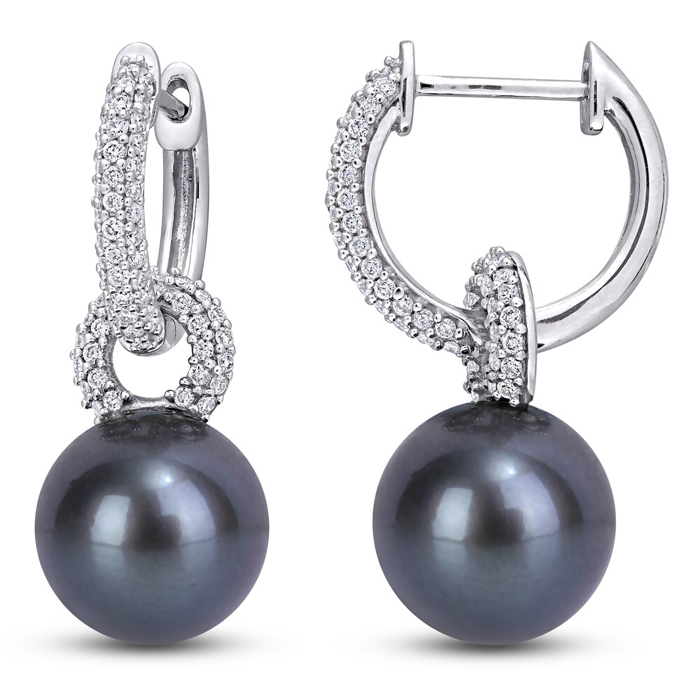 Tahitian Cultured Pearl Hoop Earrings 1/2 ct tw Diamonds 14K White Gold KJEOJrAQ