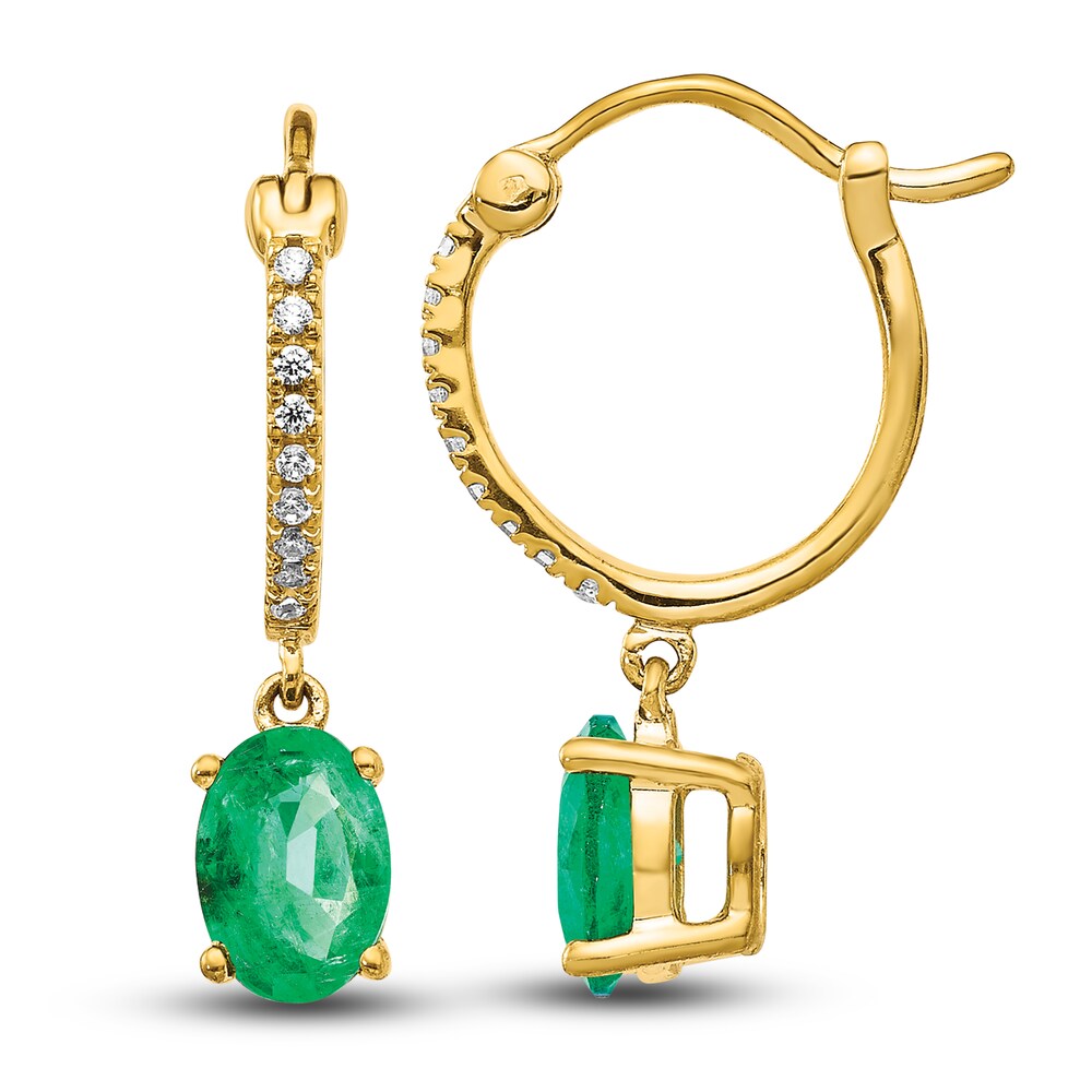 Natural Emerald Hoop Dangle Earrings 1/10 ct tw Diamonds 14K Yellow Gold KZFPmxnL