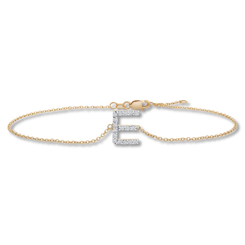 Diamond Letter E Bracelet 1/10 ct tw Round 10K Yellow Gold KZalLUAN