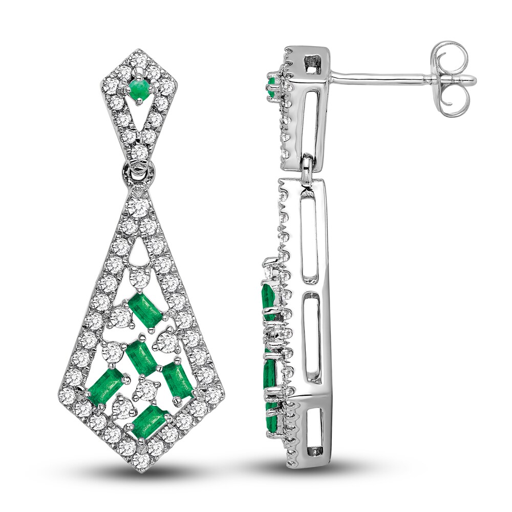 Natural Emerald Dangle Earrings 5/8 ct tw Diamonds 14K White Gold KpE9FBV1