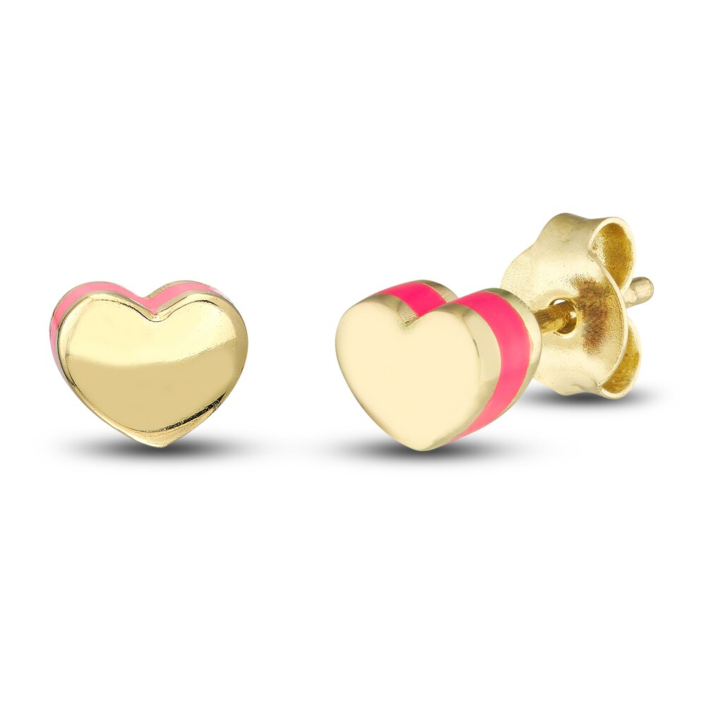 Heart Stud Earrings Pink Enamel 14K Yellow Gold KxaESAm1