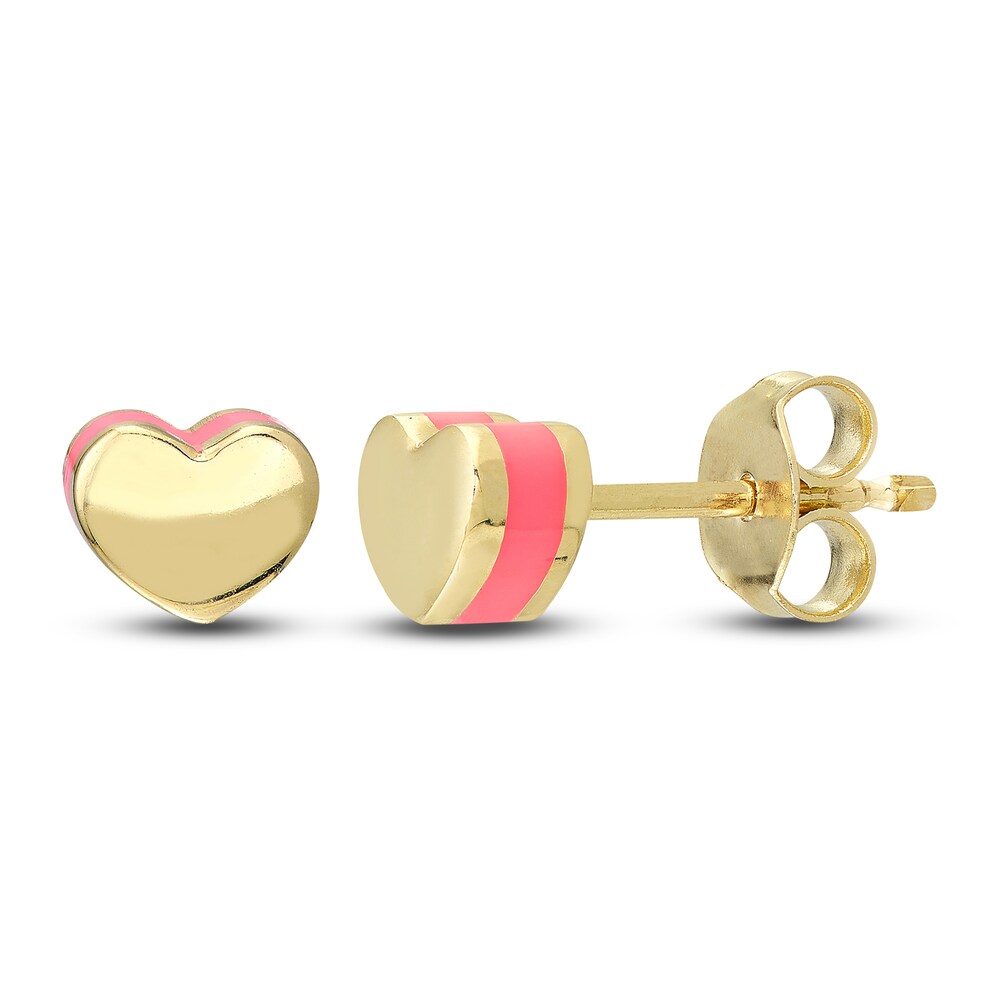 Heart Stud Earrings Pink Enamel 14K Yellow Gold KxaESAm1
