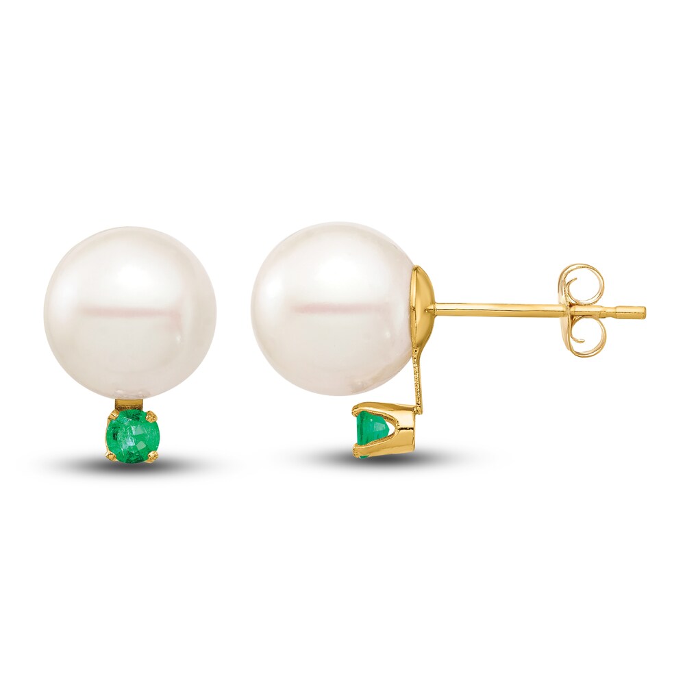 Cultured Freshwater Pearl & Natural Emerald Stud Earrings 14K Yellow Gold LnQNLr0T