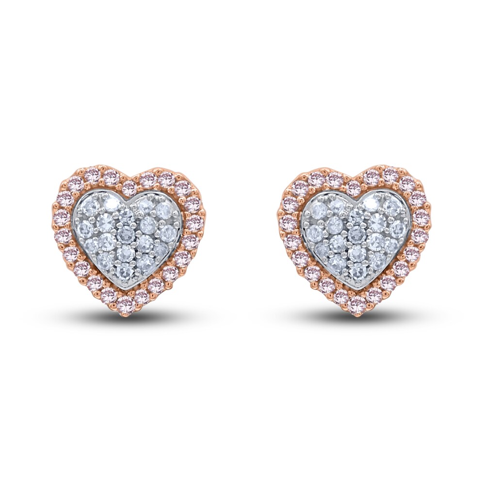 Pink & White Diamond Heart Stud Earrings 1/4 ct tw Round 14K Rose Gold MGjh6ZFB