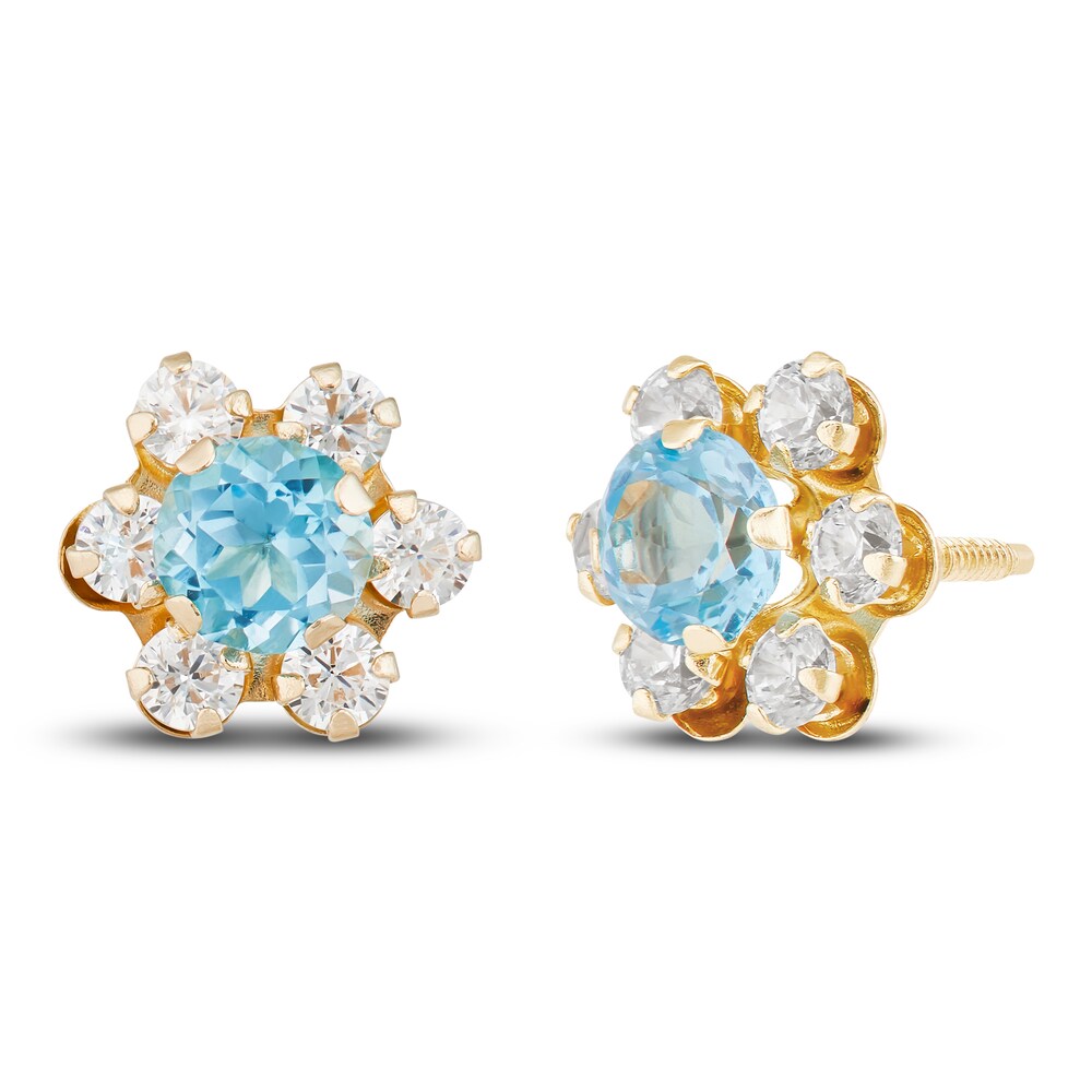 Natural White & Blue Topaz Flower Stud Earrings 14K Yellow Gold NAnmAiJK