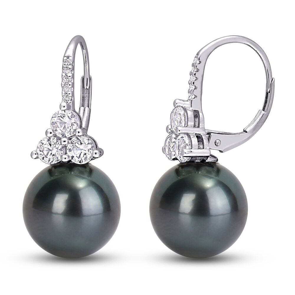 Cultured Tahitian Freshwater Pearl & Lab-Created White Sapphire Earrings 1/20 ct tw Round 10K White Gold O4sDkqfk