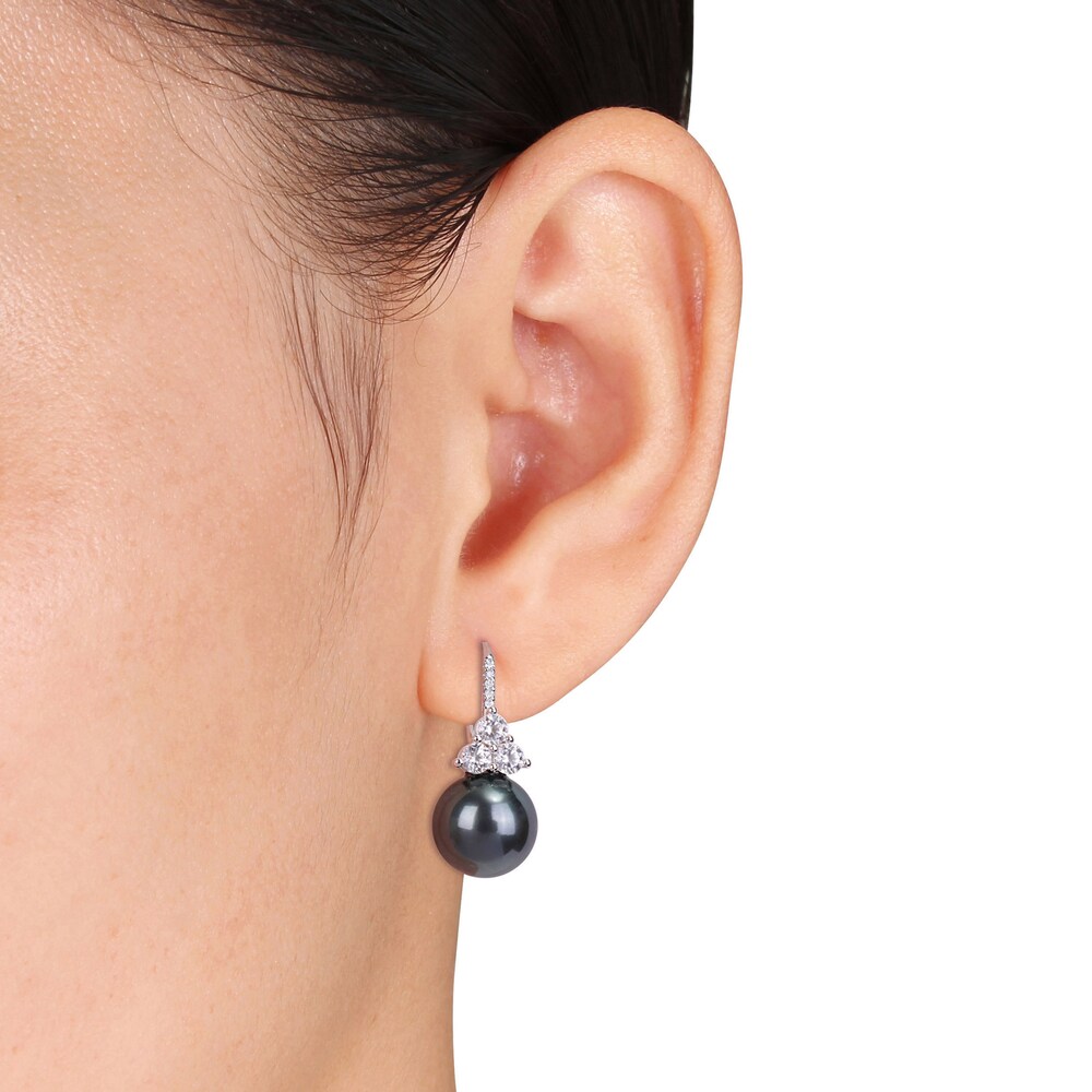 Cultured Tahitian Freshwater Pearl & Lab-Created White Sapphire Earrings 1/20 ct tw Round 10K White Gold O4sDkqfk