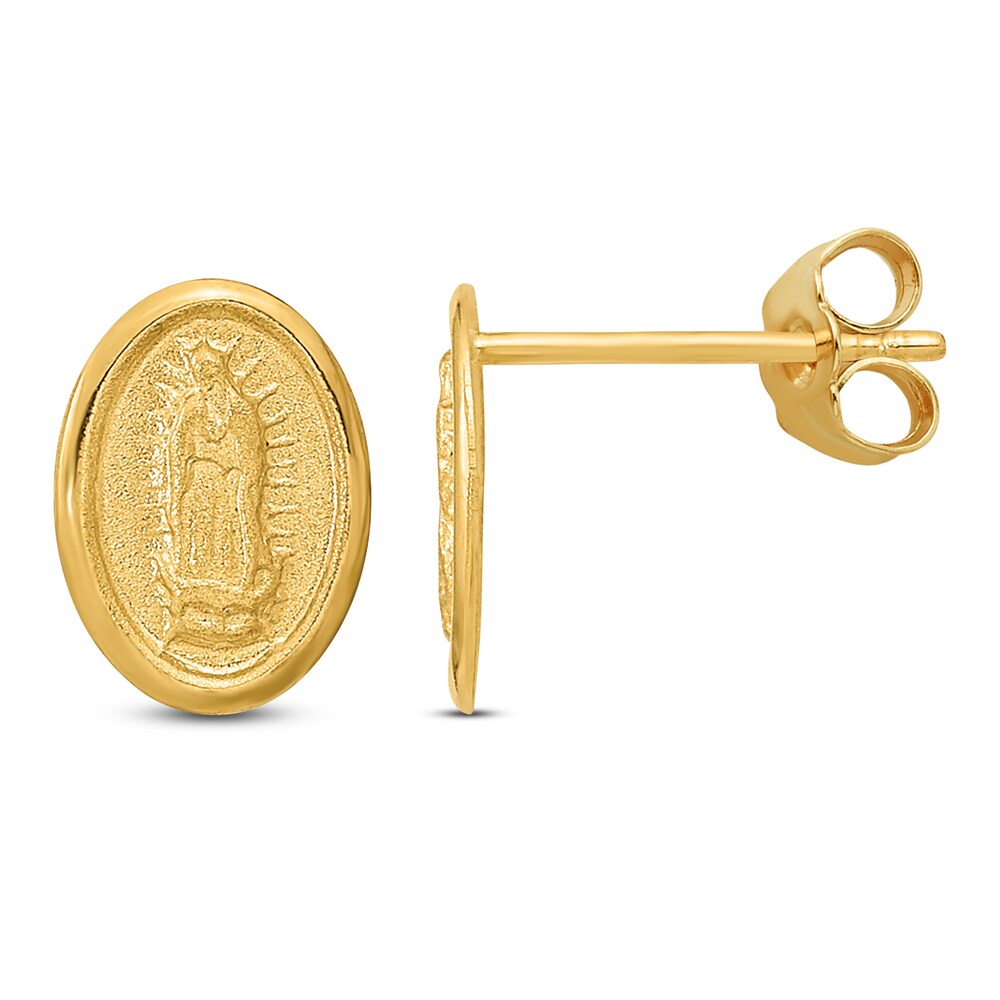 Virgin Mary Medallion Stud Earrings 14K Yellow Gold OVPbszBe