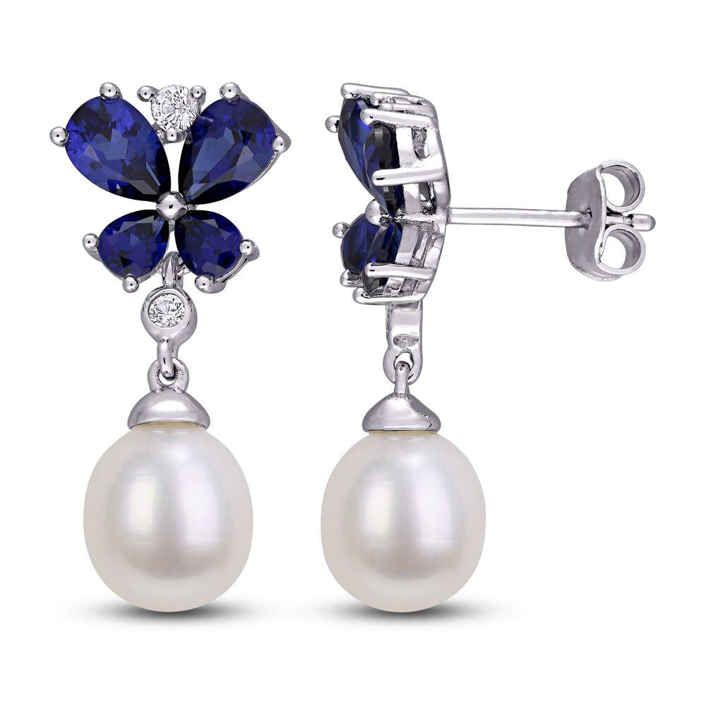 Cultured Freshwater Pearl & Lab-Created Sapphire Drop Earrings Sterling Silver Of9HGX04