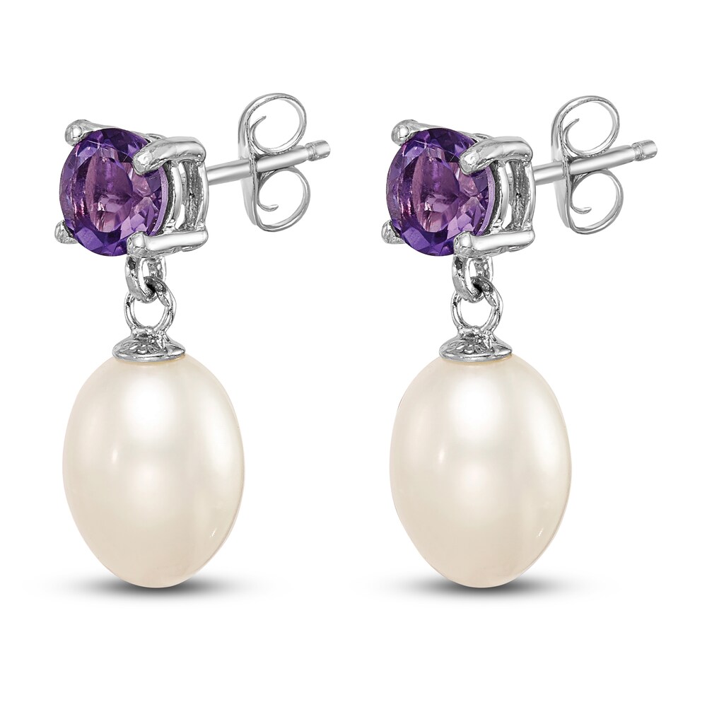 Cultured Freshwater Pearl & Natural Amethyst Dangle Earrings Sterling Silver OqVrEqHX