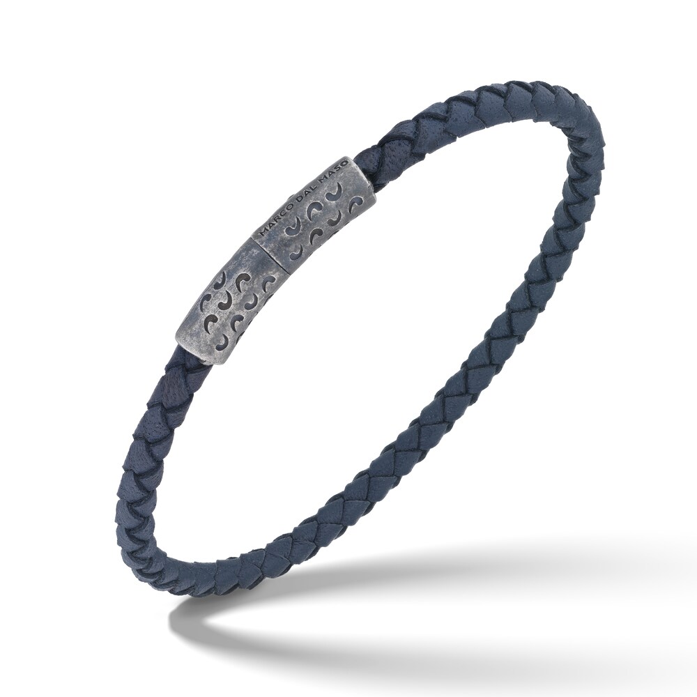 Marco Dal Maso Engraved Woven Blue Leather Bracelet Sterling Silver 8" P0OHswBK