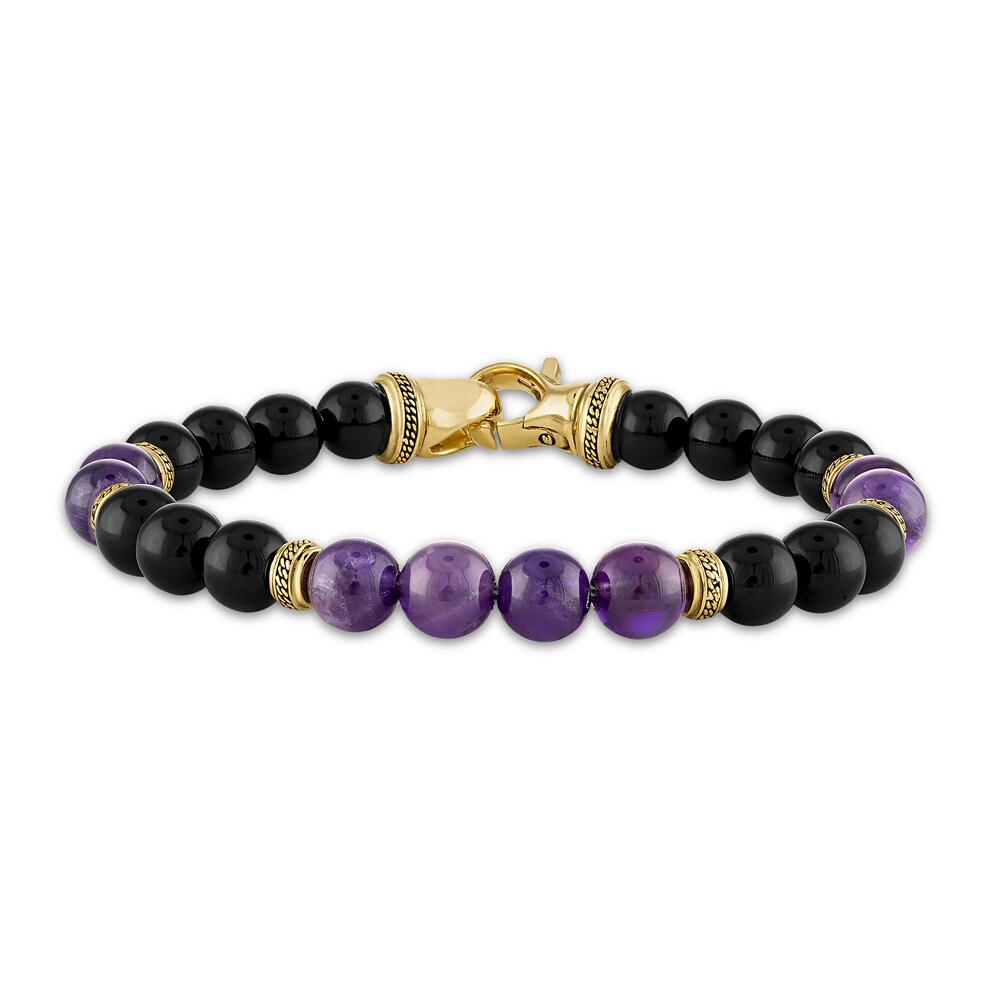 1933 by Esquire Men's Natural Amethyst & Natural Onyx Bead Bracelet Sterling Silver/14K Yellow Gold-Plated PGSfGusT