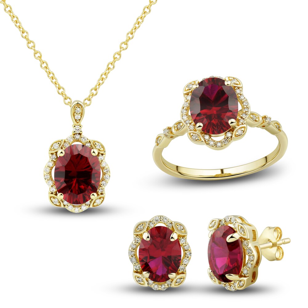 Lab-Created Ruby Ring, Earring & Necklace Set 1/3 ct tw Diamonds 10K Yellow Gold Q8ZeFyrp