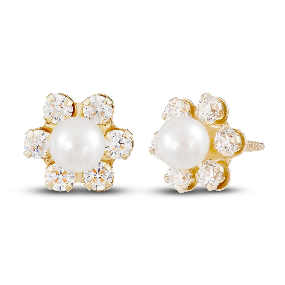 Cultured Freshwater Pearl & Natural White Topaz Flower Stud Earring 14K Yellow Gold QRJctej4