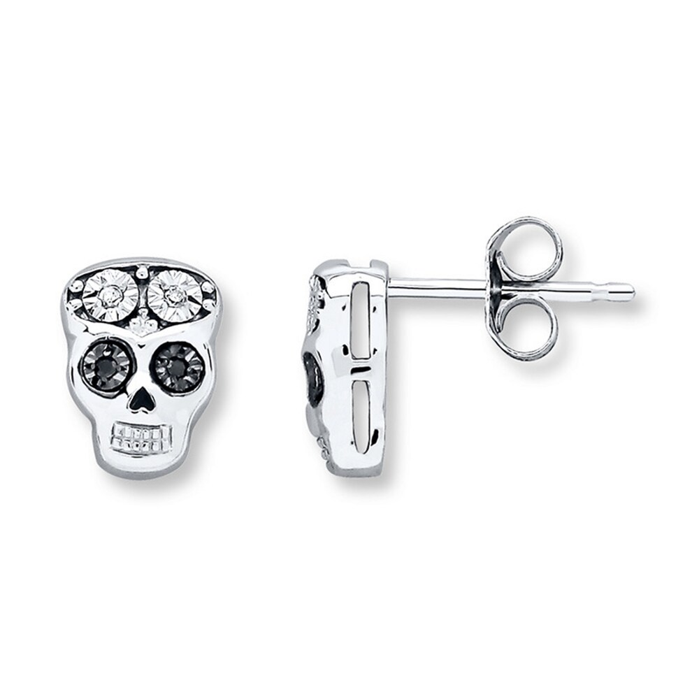 Young Teen Skull Earrings Black&White Diamonds Sterling Silver R2rIB8M7