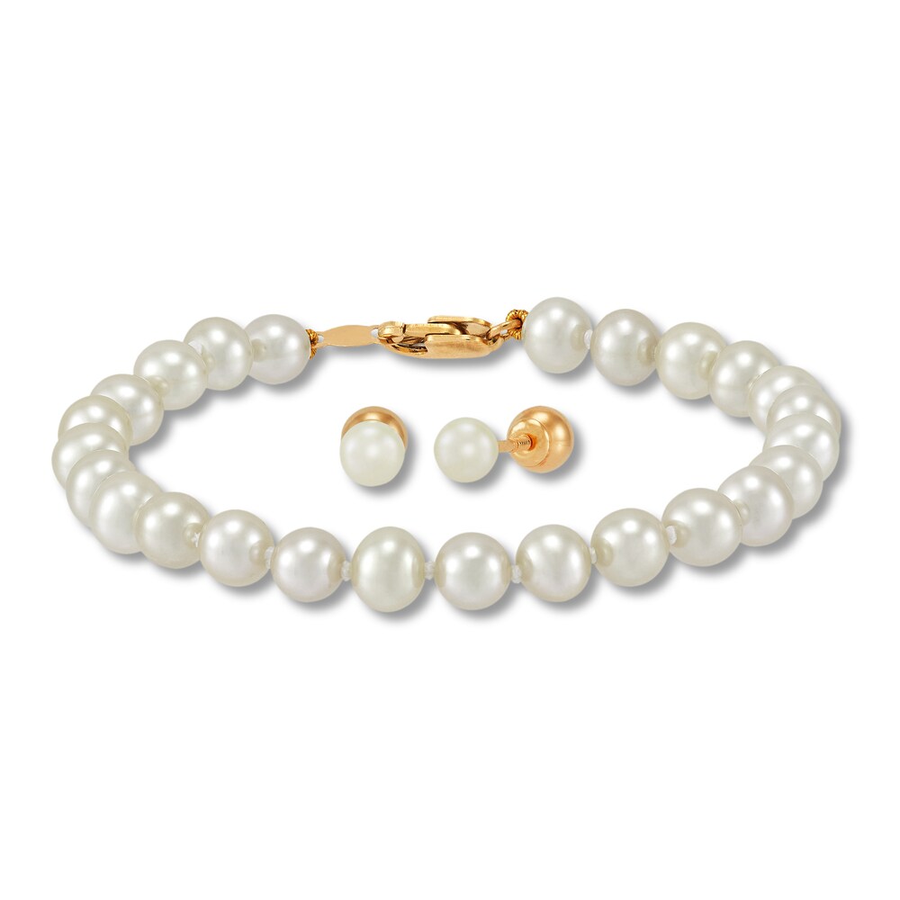 Children's Cultured Freshwater Pearl Earring & Bracelet Set 14K Yellow Gold S5Bq141r