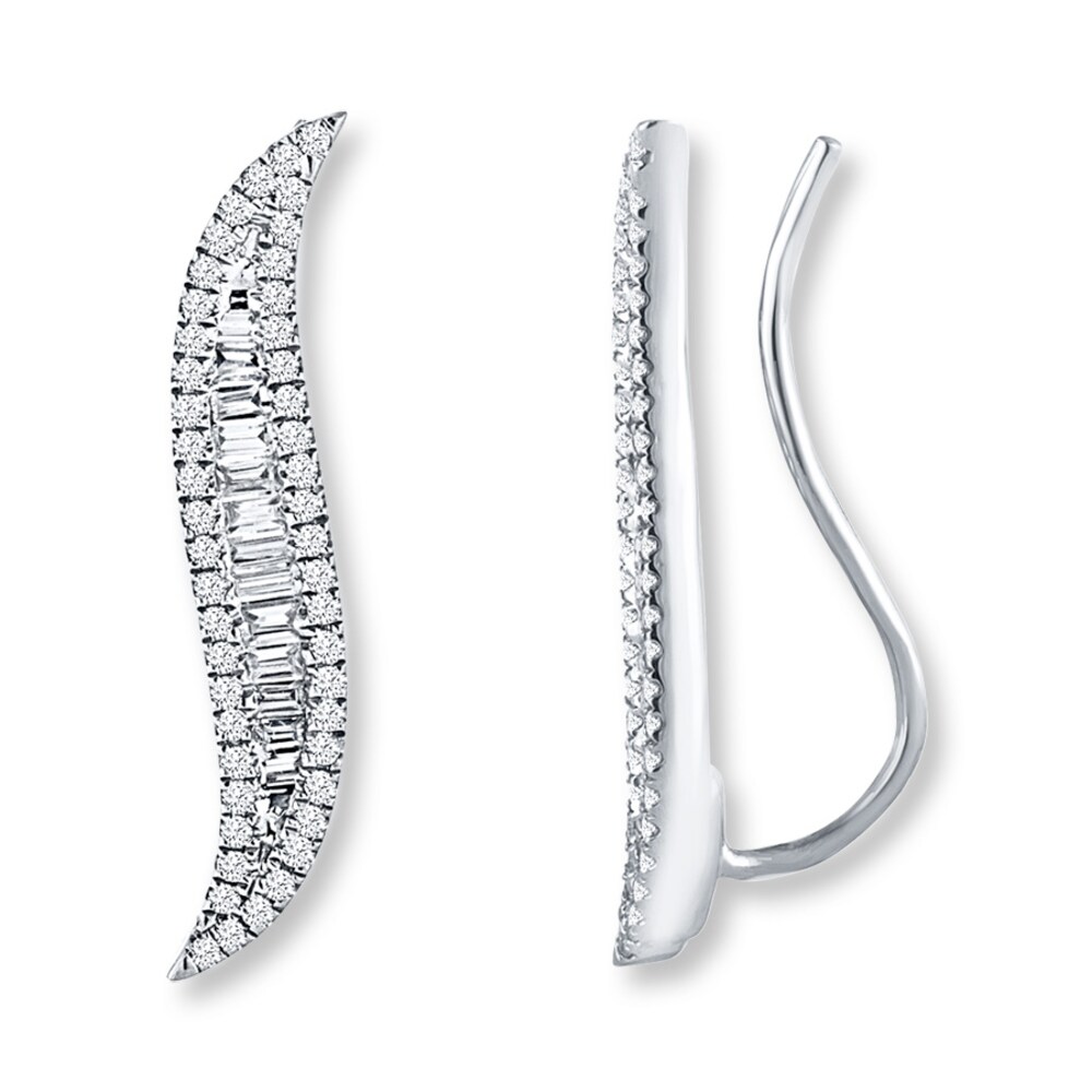 Diamond Earring Climbers 3/4 ct tw Round/Baguette 14K White Gold Toan8yKu