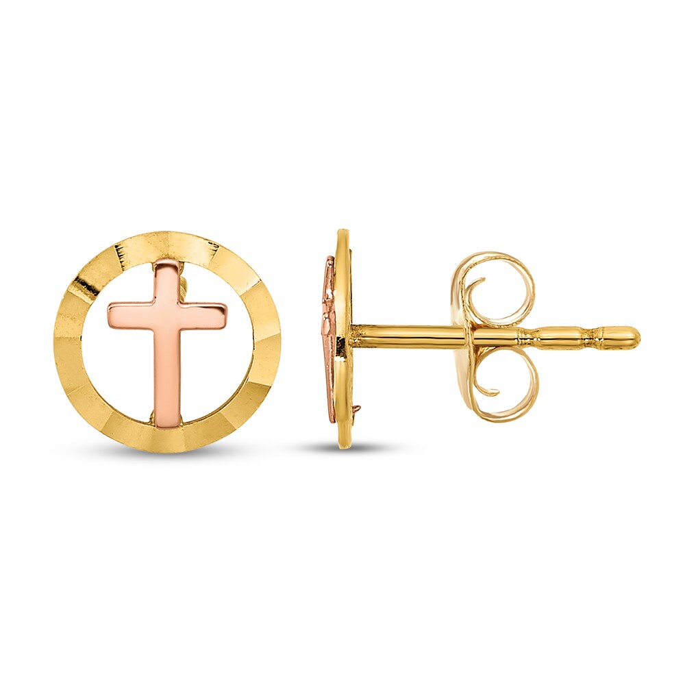 Circle with Cross Stud Earrings 14K Two-Tone Gold UdQQi7n5