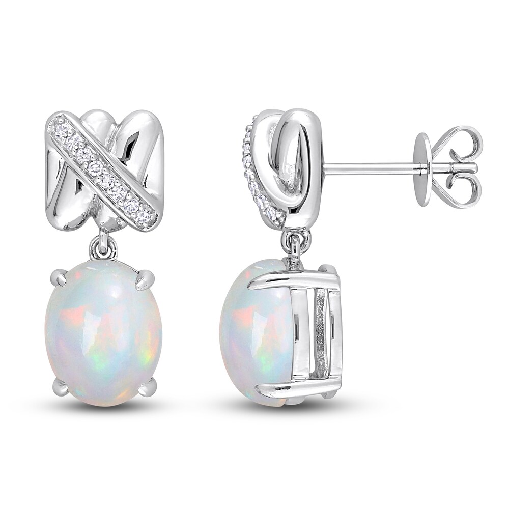 Natural Blue Opal Dangle Earrings 1/15 ct tw Diamonds 14K White Gold V5NLGdBU