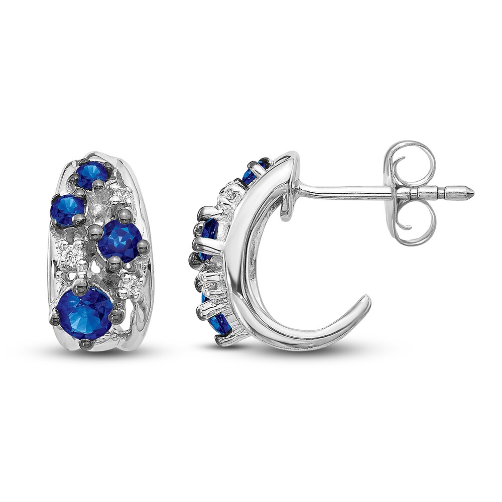 Natural Blue Sapphire J-Hoop Earrings 1/20 ct tw Diamonds 14K White Gold ViScJF27