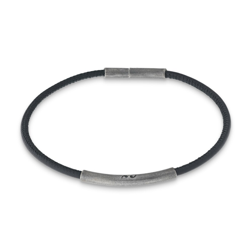 Marco Dal Maso Men's Thin Black Leather Bracelet Sterling Silver 8" WIkszPrj