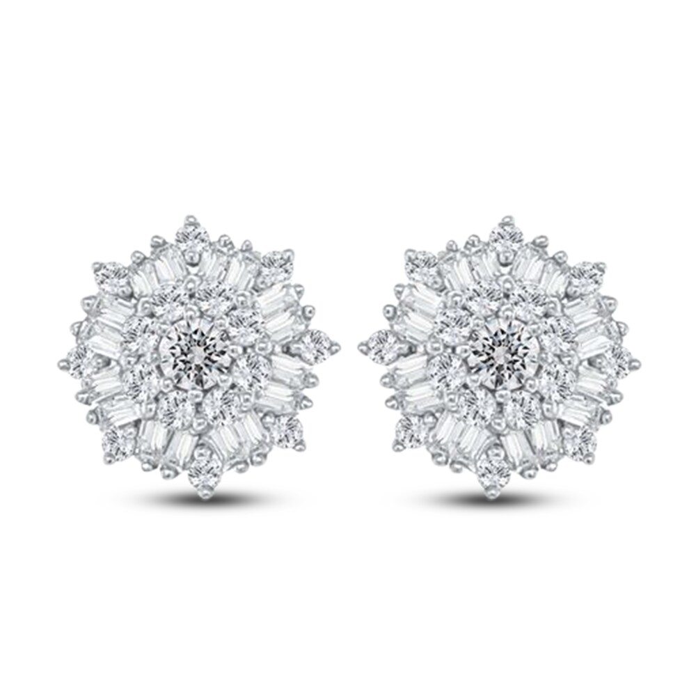 Diamond Floral Stud Earrings 1/2 ct tw Round/Baguette 10K White Gold XOAiK1e9