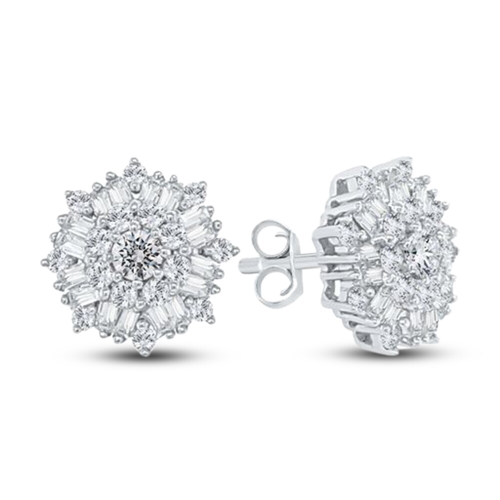 Diamond Floral Stud Earrings 1/2 ct tw Round/Baguette 10K White Gold XOAiK1e9