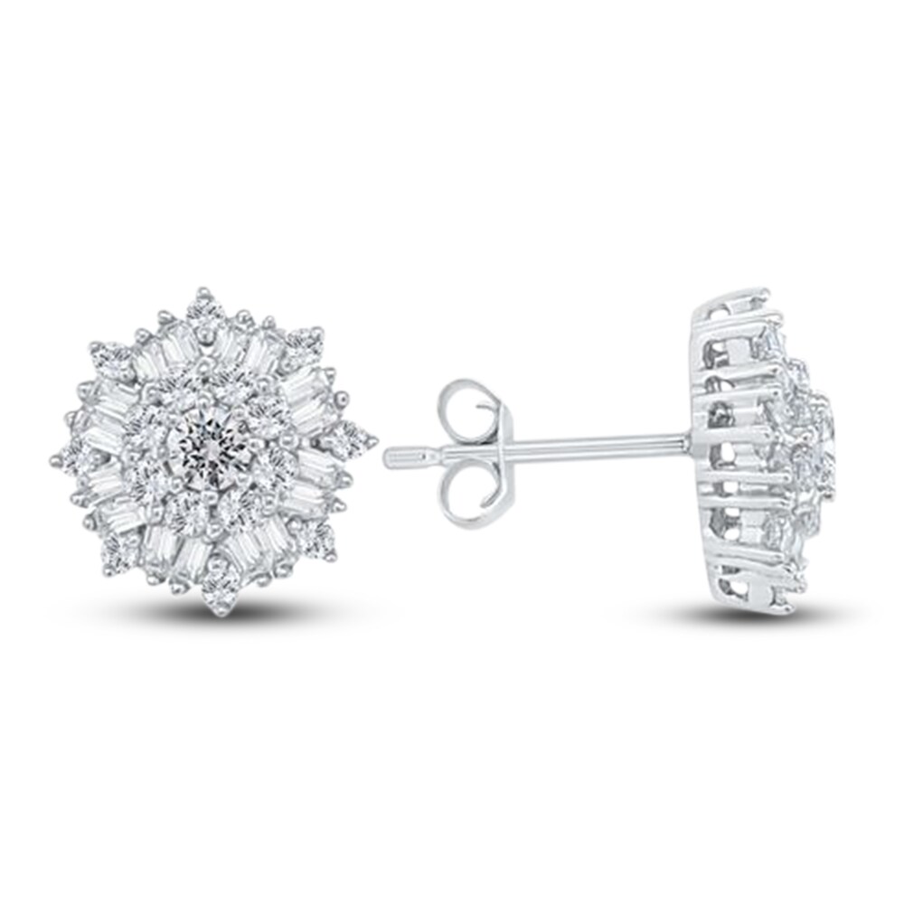 Diamond Floral Stud Earrings 1/2 ct tw Round/Baguette 10K White Gold XOAiK1e9