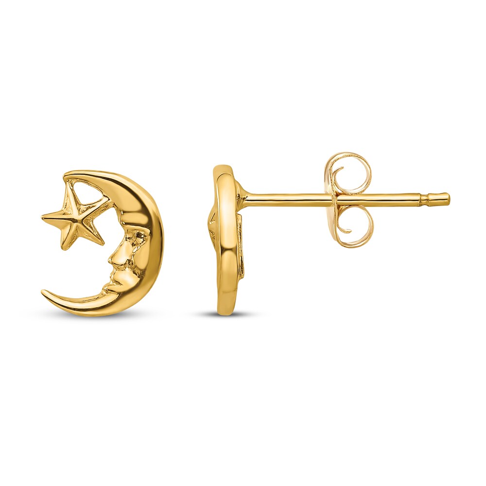 Moon and Star Stud Earrings 14K Yellow Gold XW33SiLT