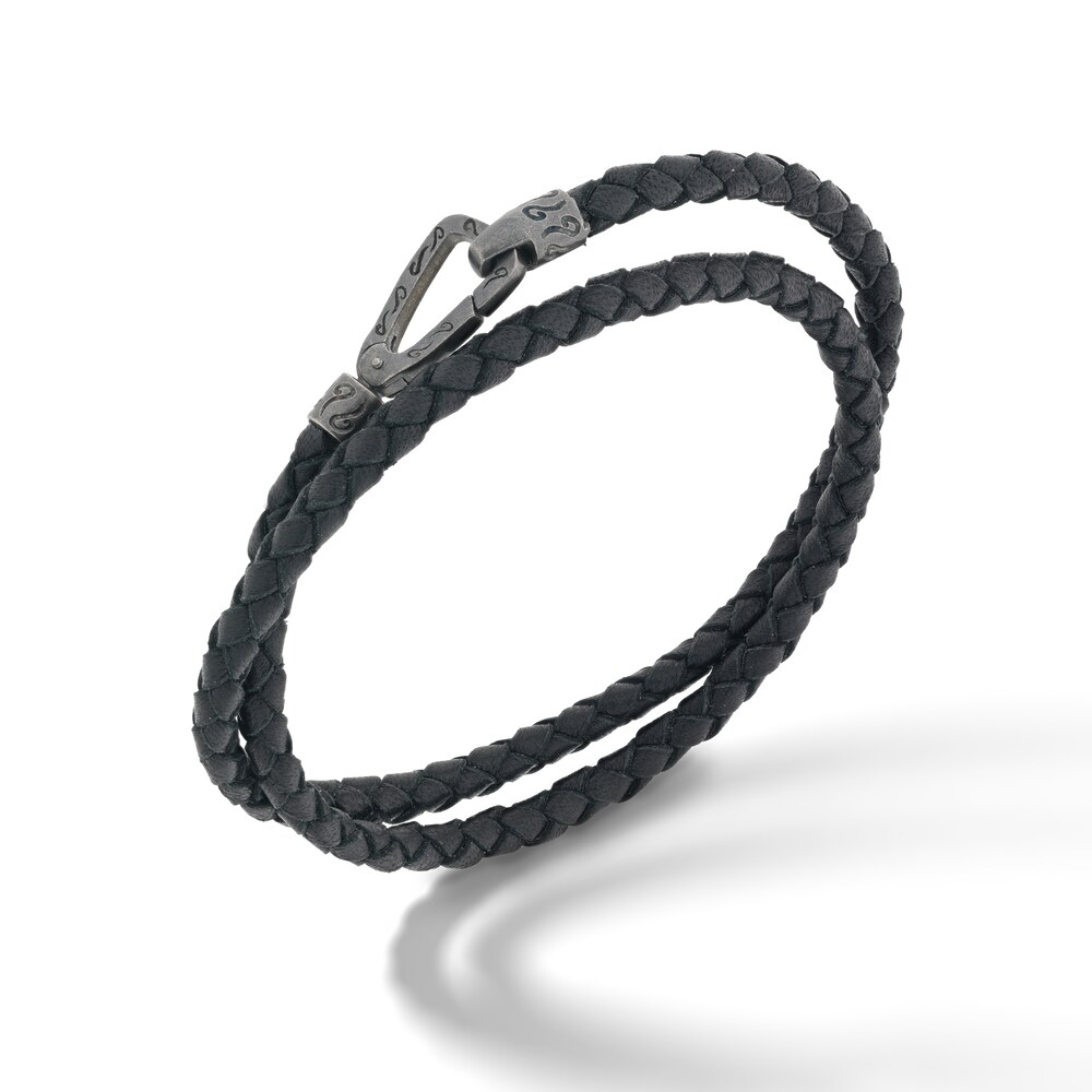Marco Dal Maso Men's Woven Black Leather Double Wrap Bracelet Sterling Silver 16" XhDEa3fB