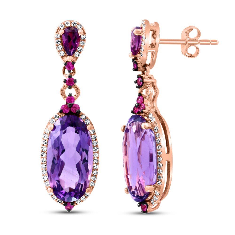 Natural Rhodolite Garnet, Natural Sapphire & Natural Amethyst Drop Earrings 1/3 ct tw Diamonds 14K Rose Gold YU7IlLJD