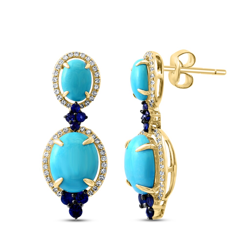 LALI Jewels Natural Blue Sapphire & Natural Turquoise Earrings 3/8 ct tw Diamonds 14K Yellow Gold YpLoebYa