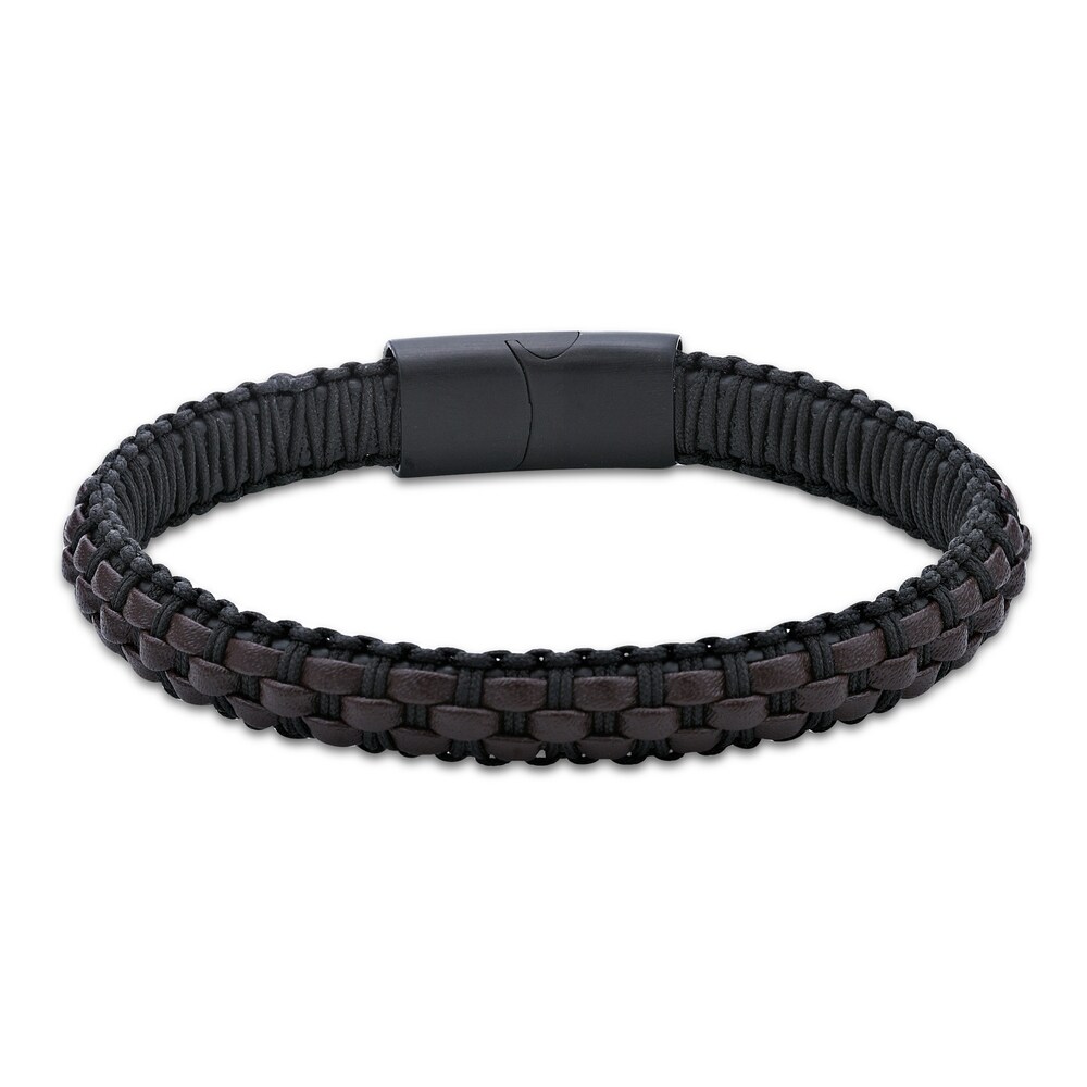 Men's Black Cord & Leather Bracelet Stainless Steel 8.5" YwbQriu7