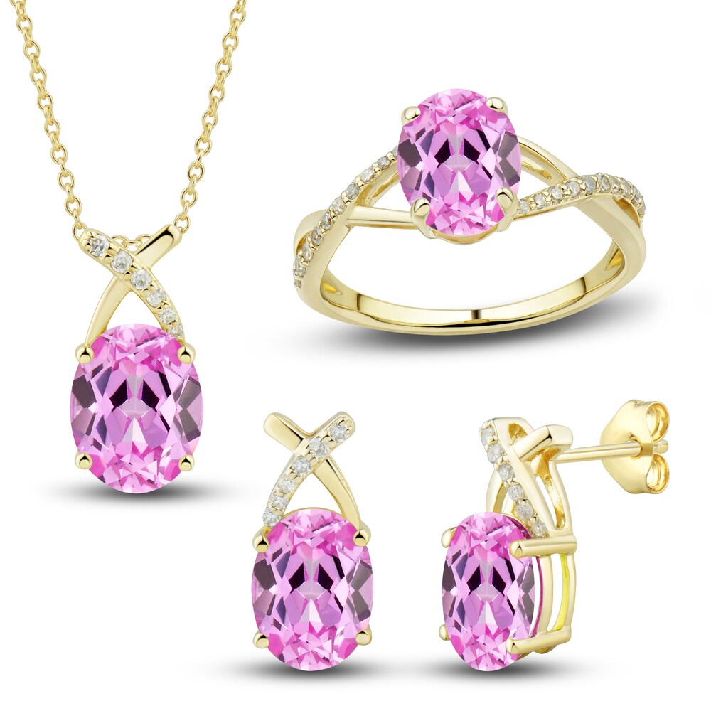 Lab-Created Pink Sapphire Ring, Earring & Necklace Set 1/5 ct tw Diamonds 10K Yellow Gold ZNEKvzZS