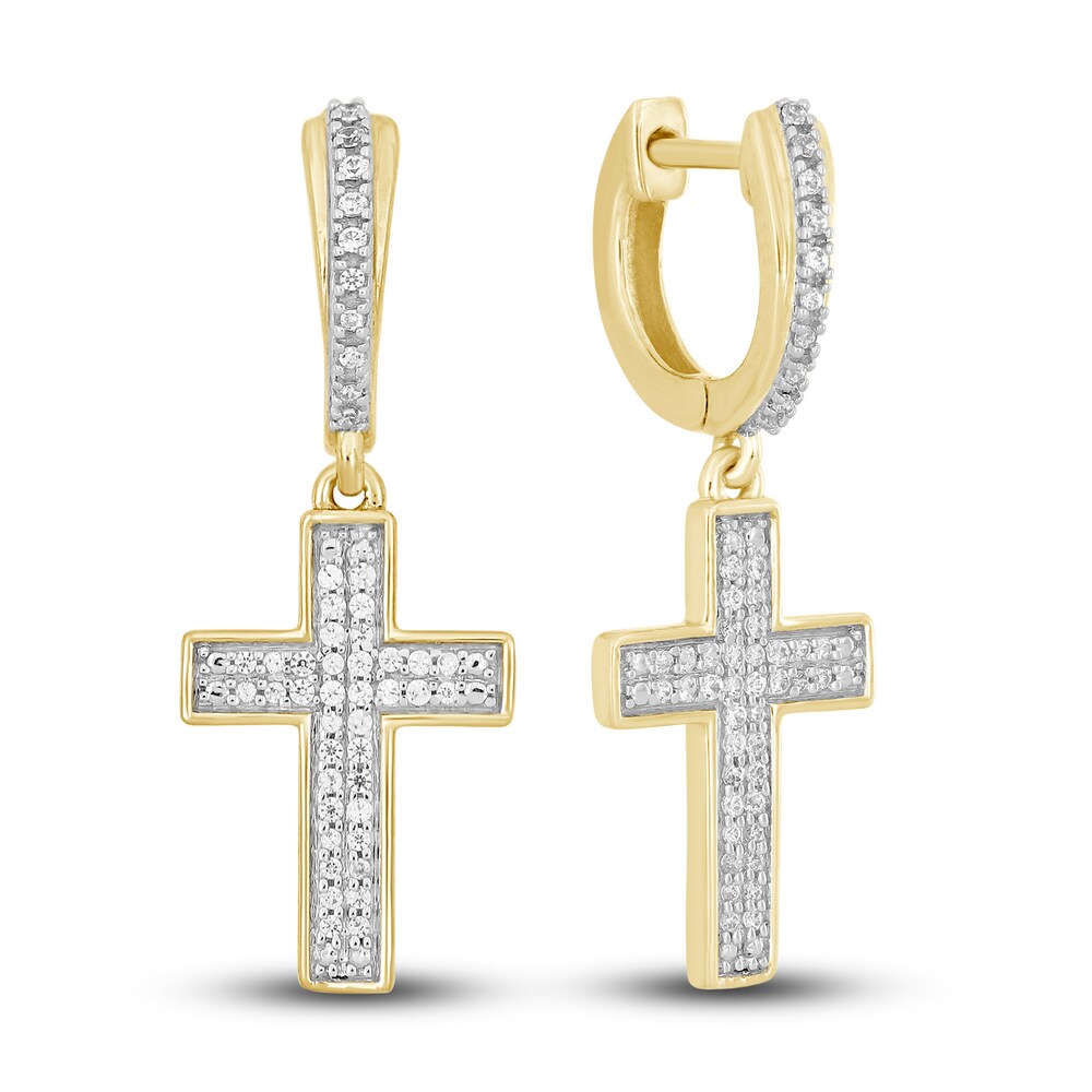 Men\'s Diamond Cross Dangle Earrings 1/5 ct tw Round 10K Yellow Gold ZSJFf072