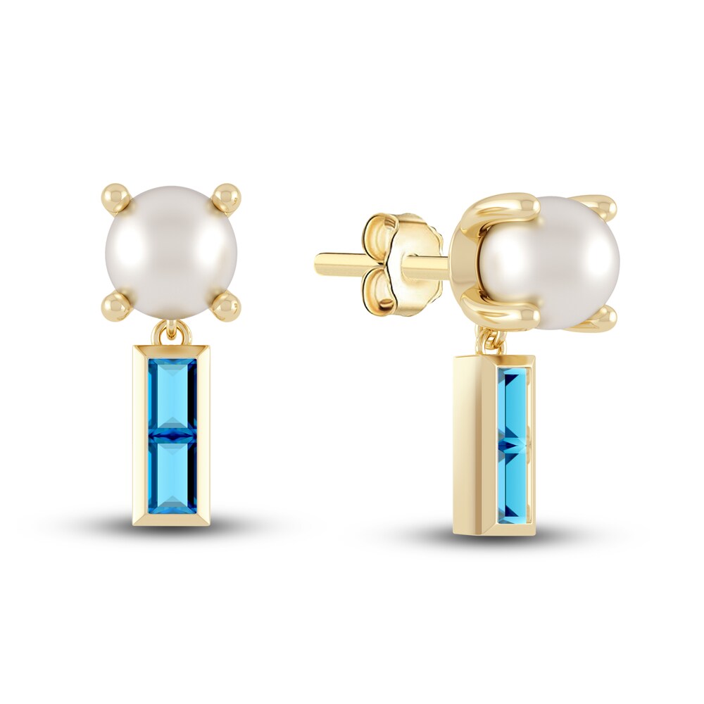 Juliette Maison Natural Blue Zircon Baguette and Cultured Freshwater Pearl Earrings 10K Yellow Gold ZweBXpnj