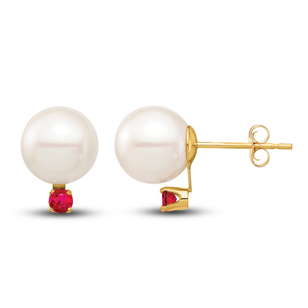 Cultured Freshwater Pearl & Natural Ruby Stud Earrings 14K Yellow Gold a3Rvu7fb