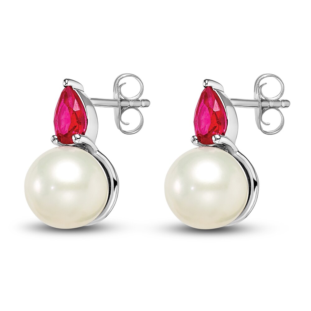 Cultured Freshwater Pearl & Natural Ruby Stud Earrings 14K White Gold a4I3QAUg