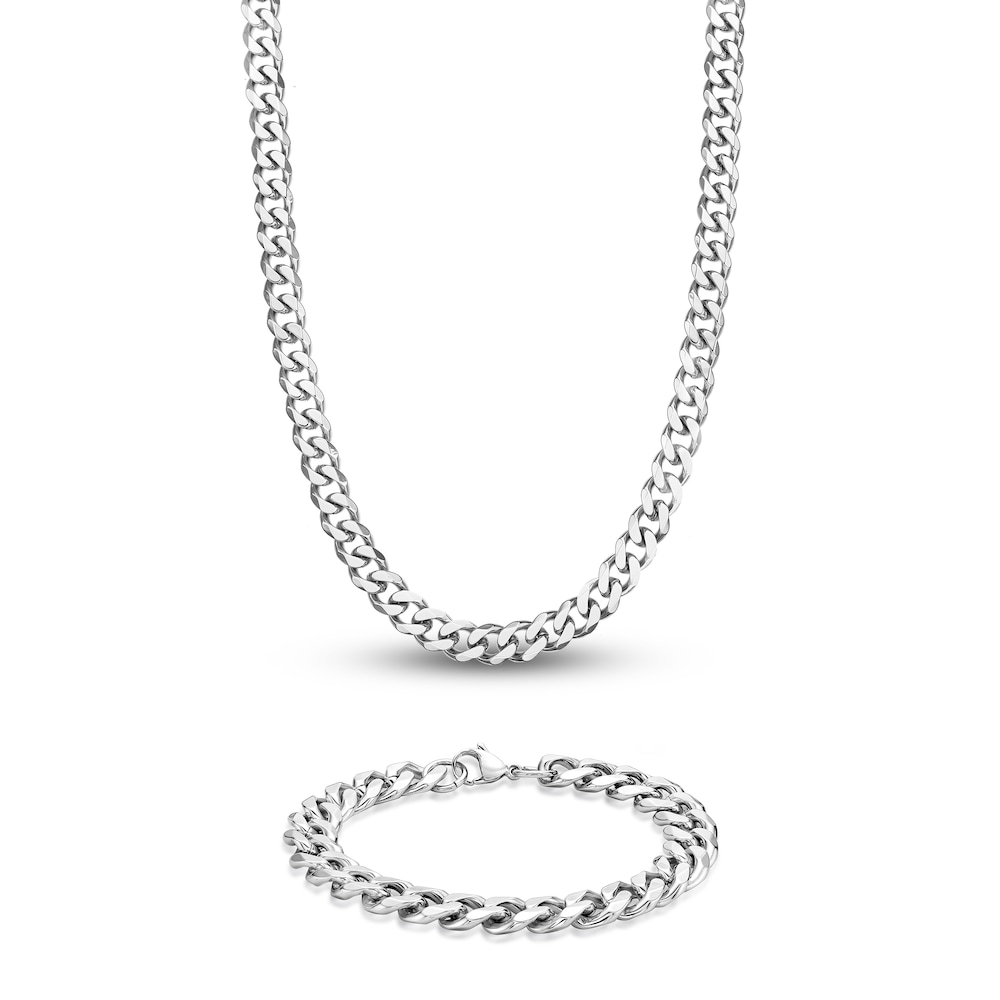 Men's Curb Chain Necklace/Bracelet Set Stainless Steel aLpGJjiz