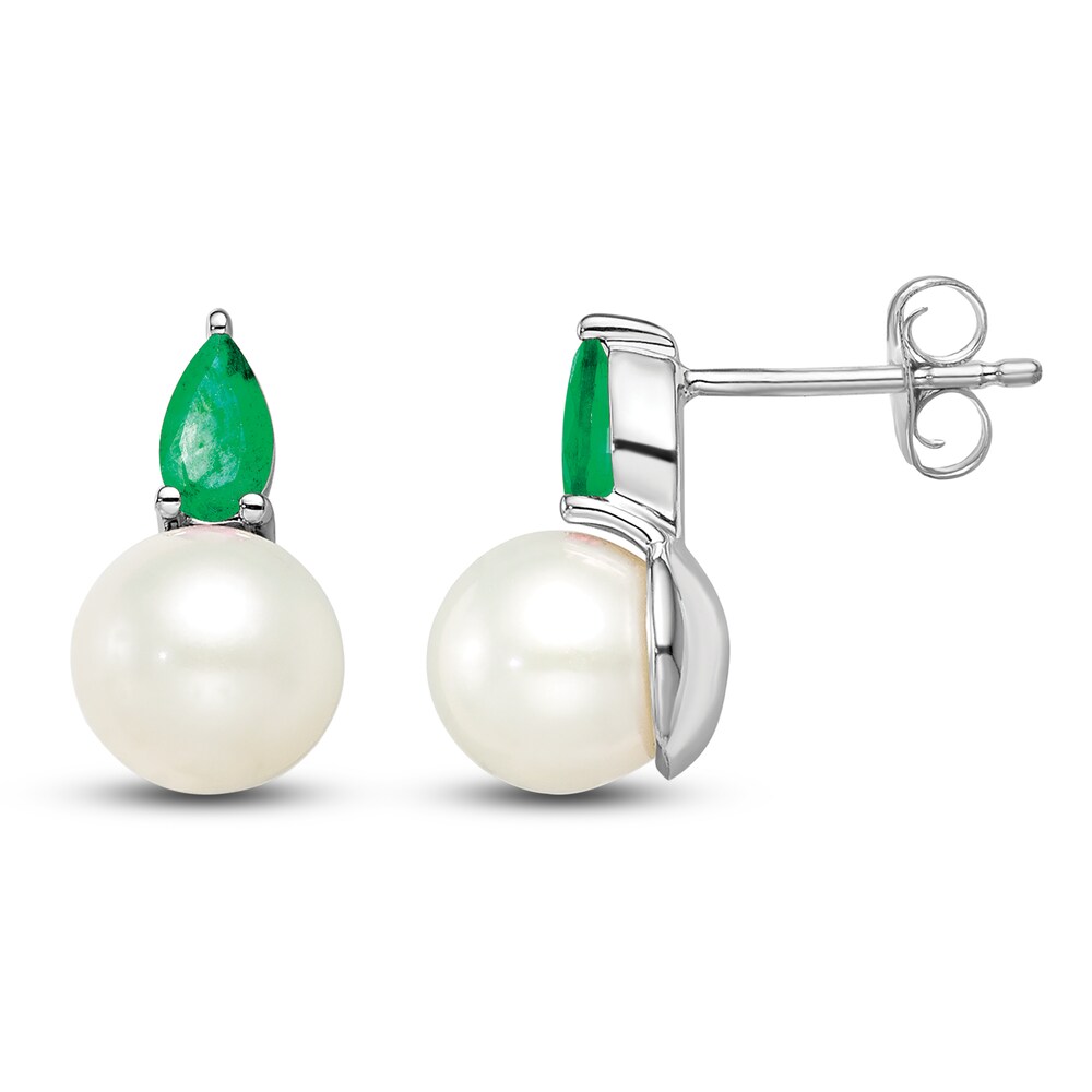 Cultured Freshwater Pearl & Natural Emerald Stud Earrings 14K White Gold aPkiUTsn