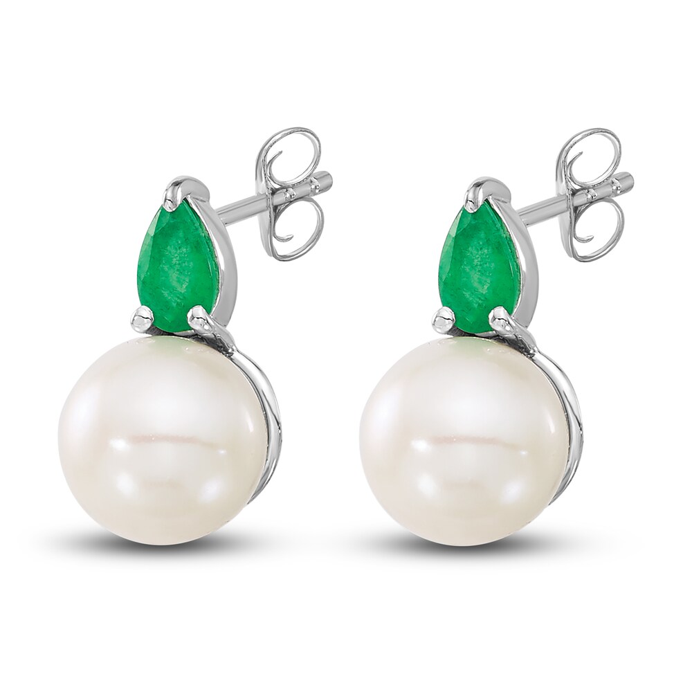 Cultured Freshwater Pearl & Natural Emerald Stud Earrings 14K White Gold aPkiUTsn