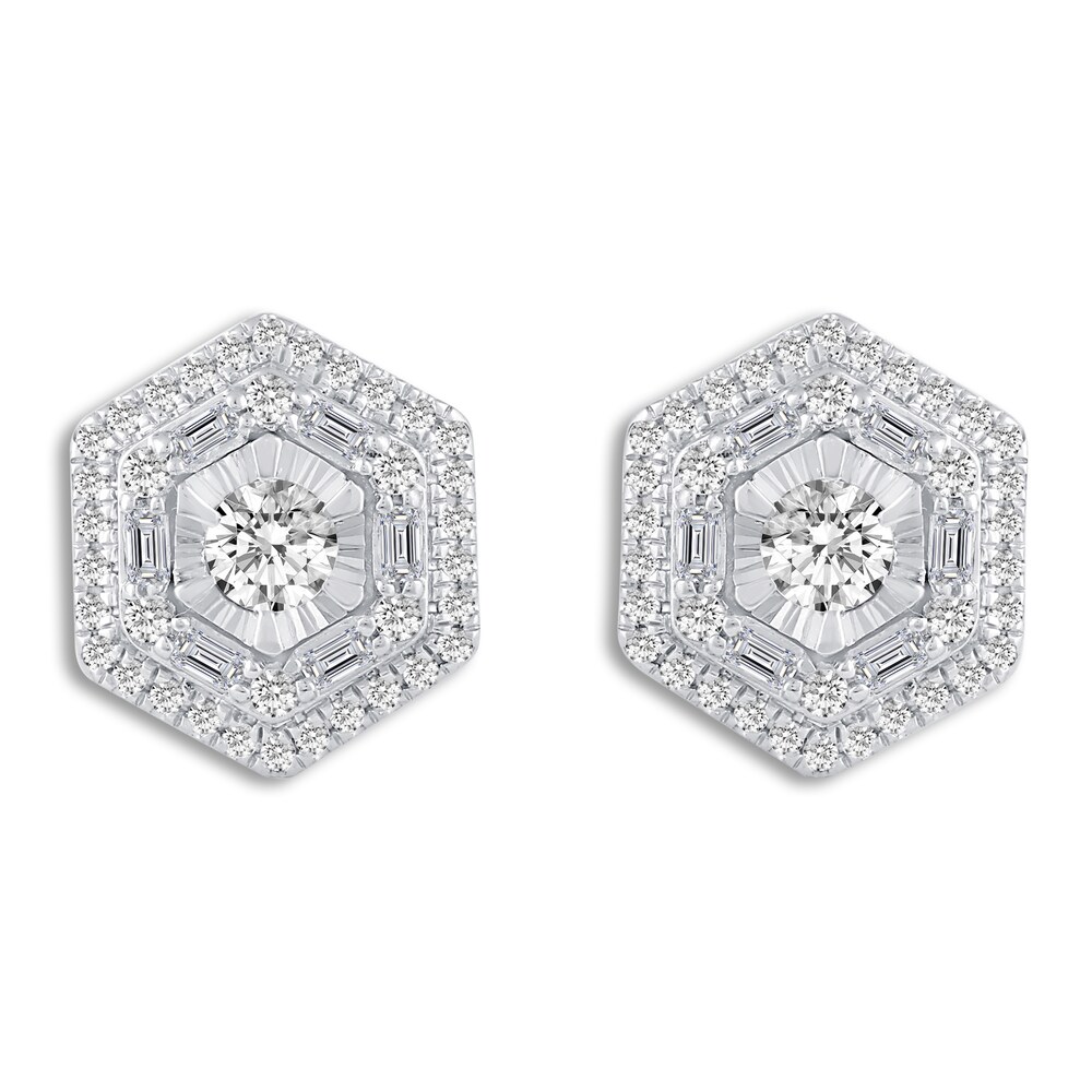 Diamond Hexagon Stud Earrings 5/8 ct tw Round/Baguette 10K White Gold abVBloli