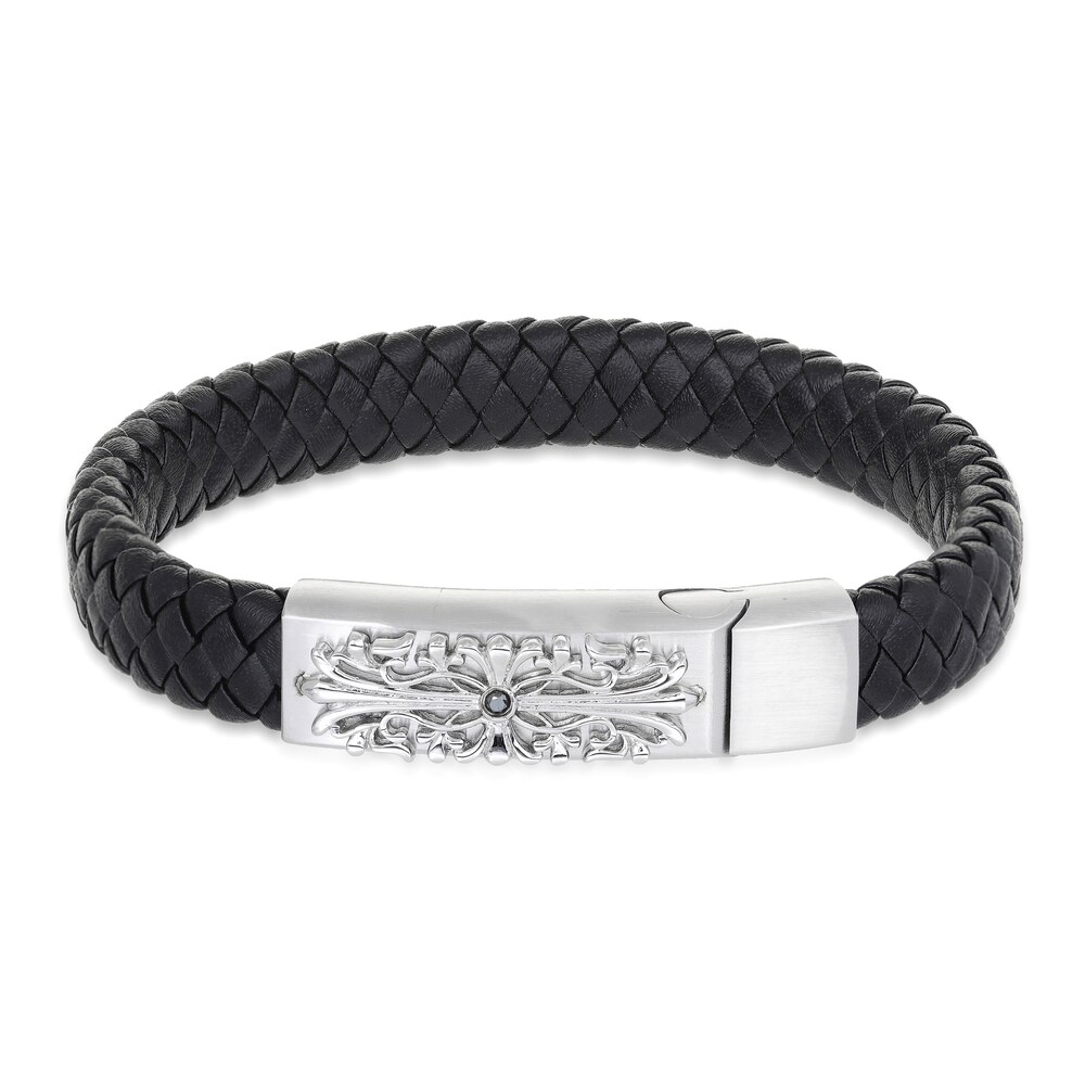 Men's Woven Bracelet Diamond Accent Black Leather Stainless Steel 8.5" atYvtVMo