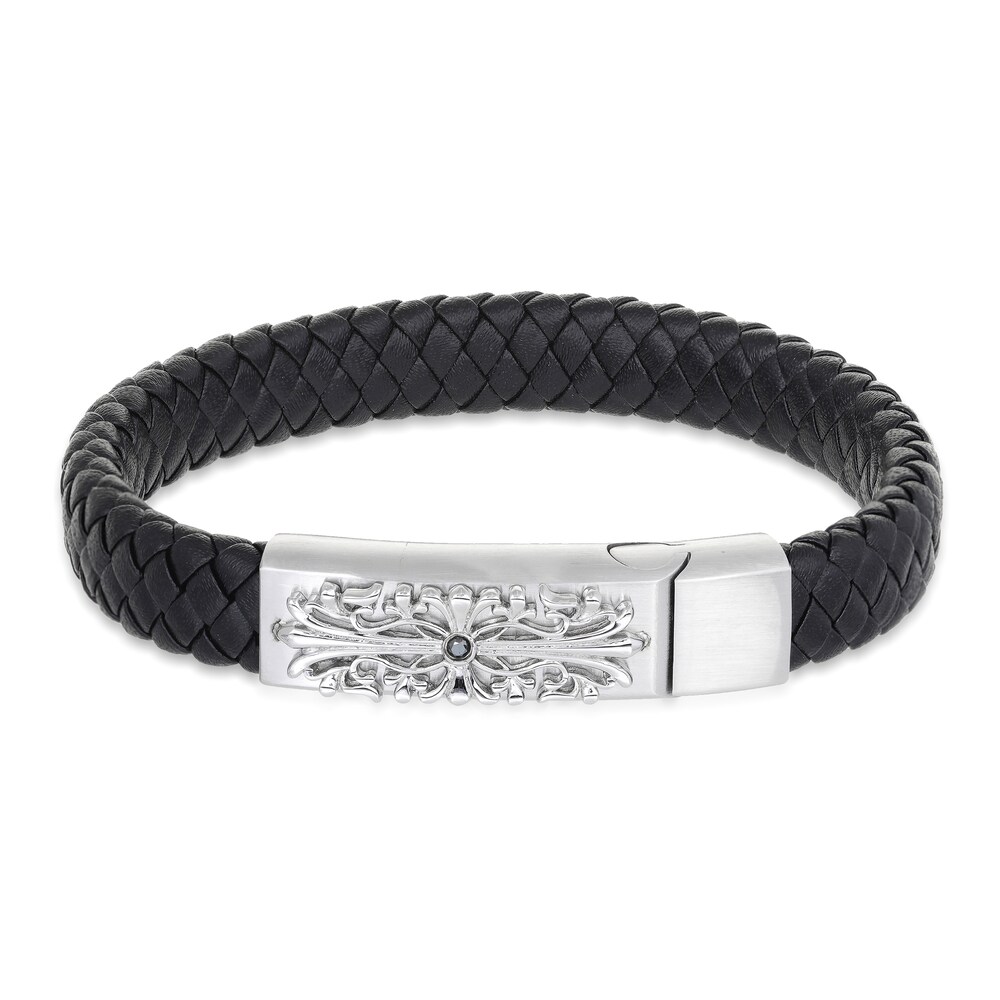 Men\'s Woven Bracelet Diamond Accent Black Leather Stainless Steel 8.5\" atYvtVMo