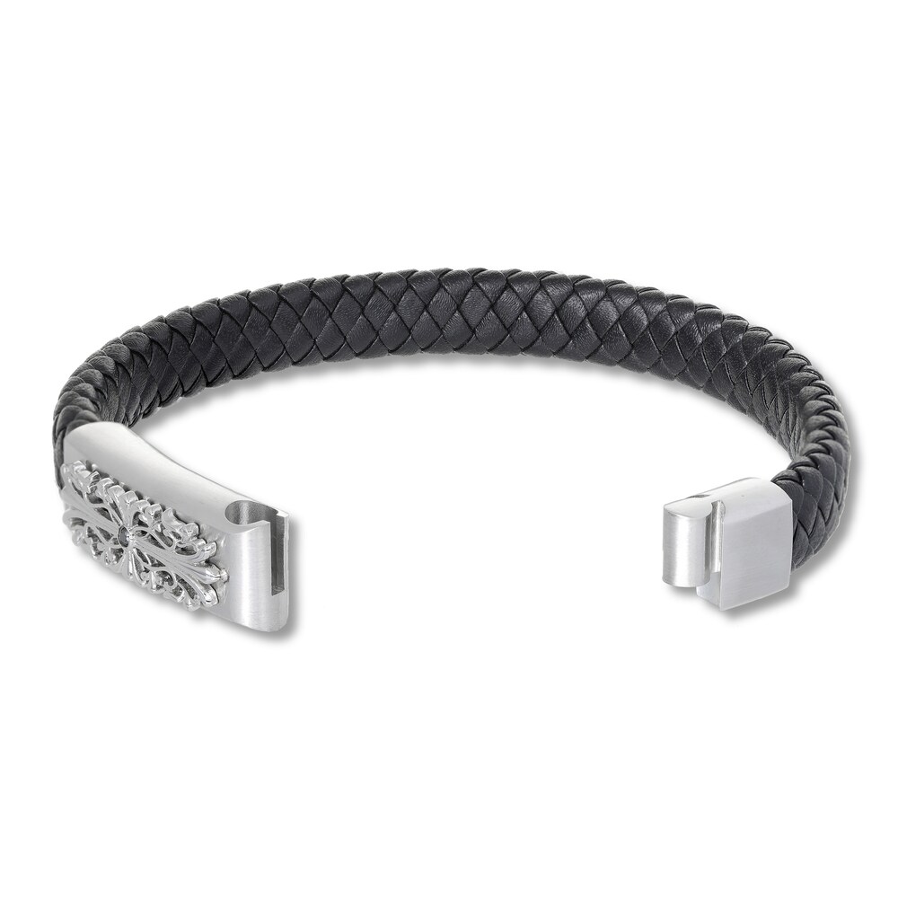 Men\'s Woven Bracelet Diamond Accent Black Leather Stainless Steel 8.5\" atYvtVMo