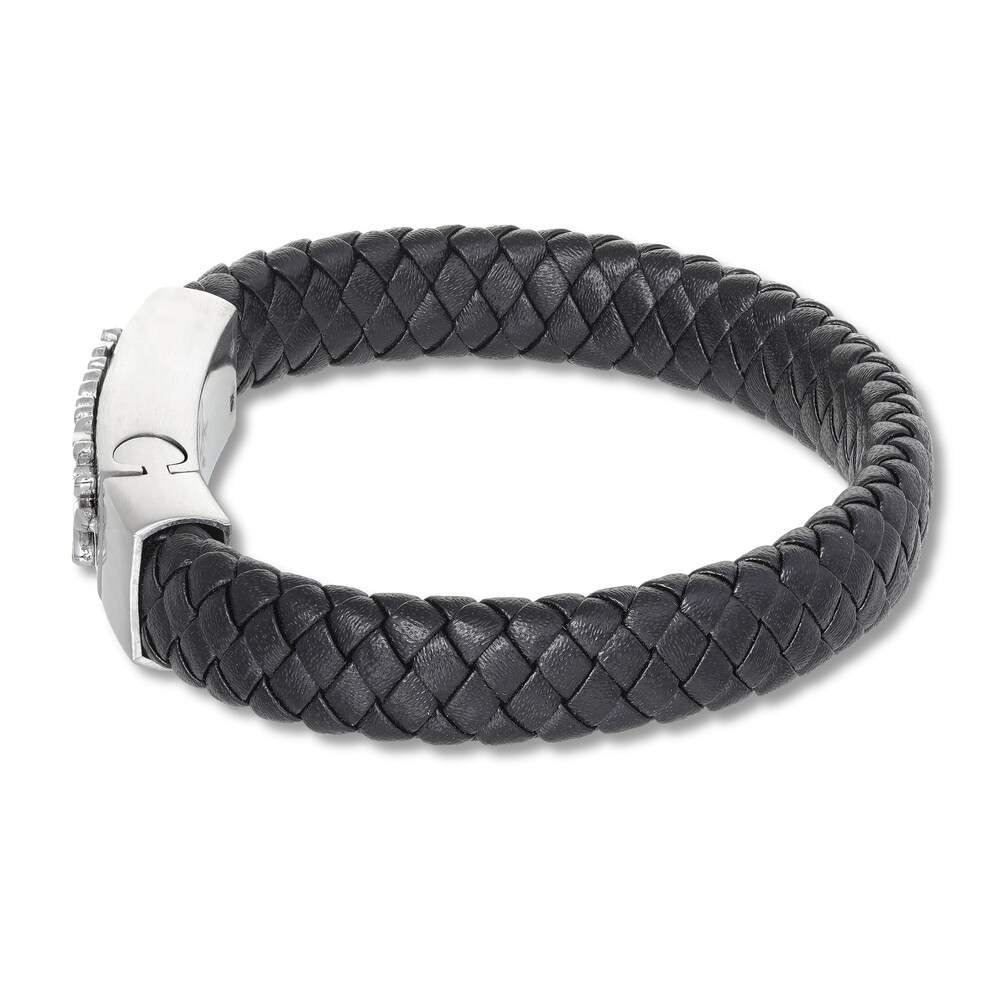 Men\'s Woven Bracelet Diamond Accent Black Leather Stainless Steel 8.5\" atYvtVMo